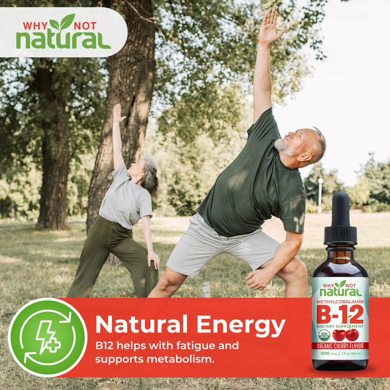 Why Not Natural Organic Vitamin B12 Liquid - Sublingual Extra Strength 60 x 5000 mcg Methylcobalamin Drops, Vegan, Maximize Absorption and Energy 2 Fl Oz (Pack of 1)