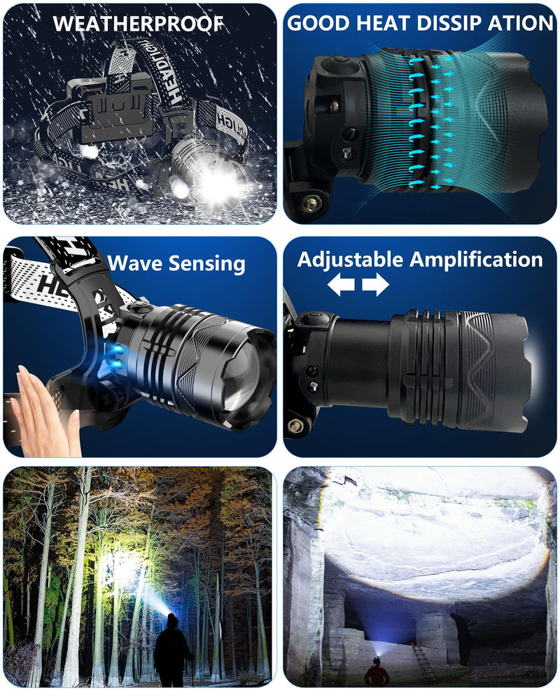 Rechargeable Headlamp, 100,000LM Bright HeadLamp, 40H Runtime Weatherproof LED Headlight, 90° Adjustable Zoom Headlights for Forehead, Hiking Camping Headlamps for Adults