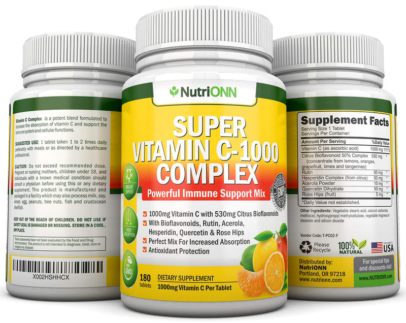 Super Vitamin C Complex - 1695Mg - 180 Tablets - With 530 mg Natural Citrus Bioflavonoids, Rose Hips, Rutin, Quercetin & Hesperidin For Increased Absorption - Advanced Immune Support - Non-GMO