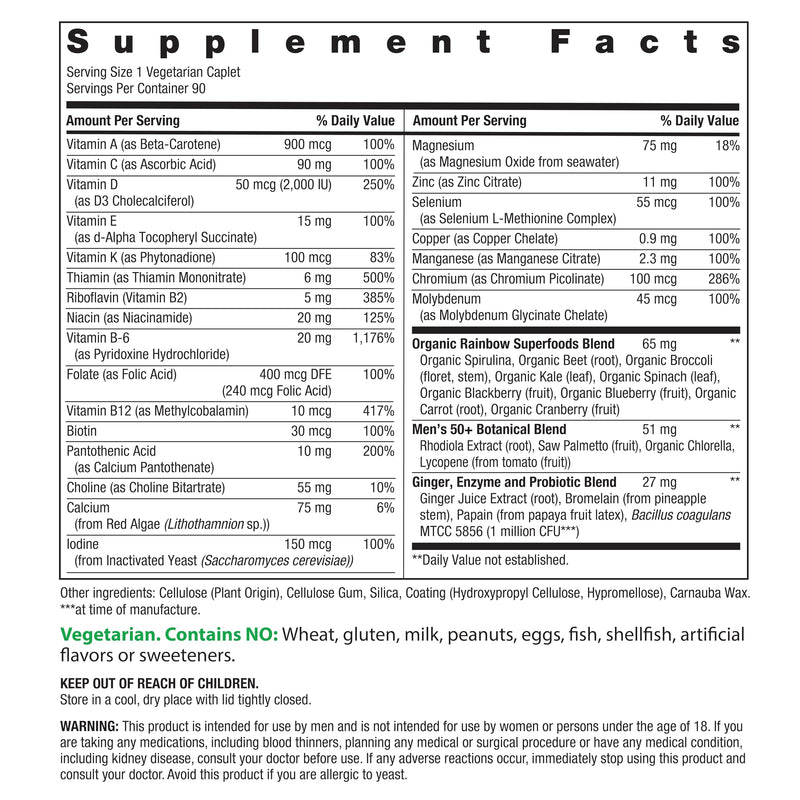Rainbow Light Mens Multivitamin One + for 50 Plus | 90 Caplets | Supports Muscle Health | with Vitamins C, D, and Zinc | Real Food Nutrients, Digestive Enzymes & Probiotics 90 Count (Pack of 1)