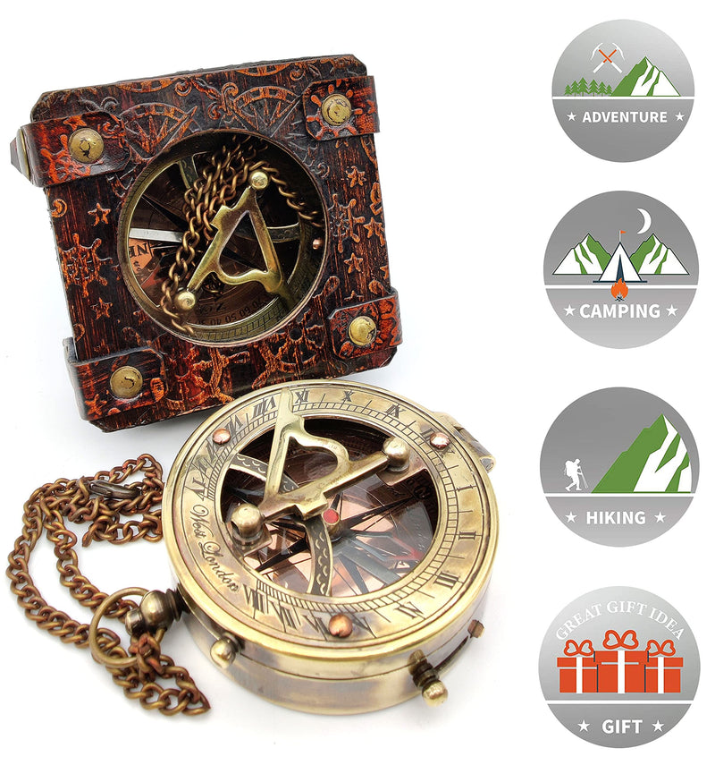 5MoonSun5's Antique Brass Sundial Compass Marine Boat Gift Pocket Sun Dial in Leather Display Box Nautical Marine Gift Sun Clock Pirate Ship Replica Watch Steampunk Accessory - BeesActive Australia