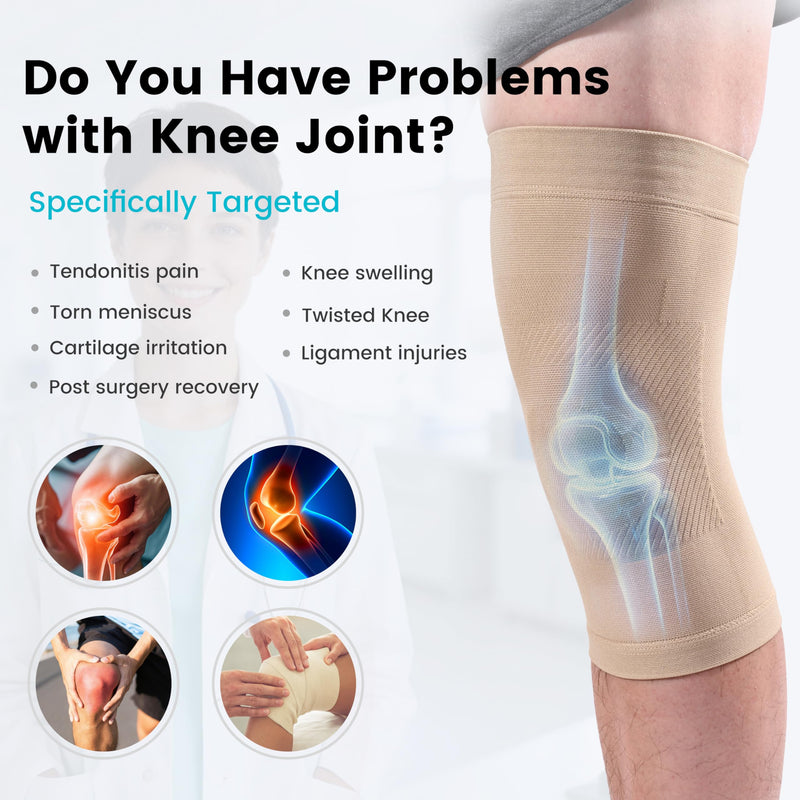 Knee Compression Sleeves, 1 Pair, Can Be Worn Under Pants, 20-30mmHg Strong Support Knee Brace for Unisex, Knee Support for Meniscus Tear, Arthritis, Pain Relief, Injury Recovery, Daily Wear, Beige M Medium (1 Pair) - BeesActive Australia