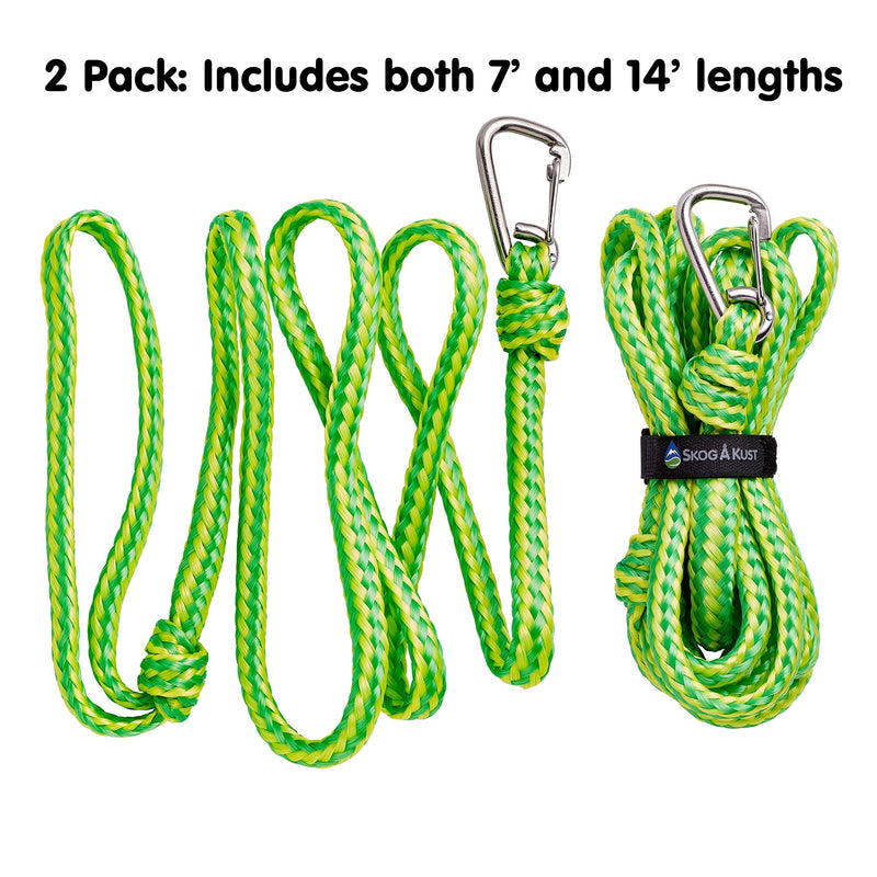 Skog Å Kust Premium PWC Dock Lines | 2-Pack Heavy Duty Braided Ropes, 1/2'' x 7ft & 14ft Lengths, with 316 Stainless Steel Clip Yellow & Green 1/2 inch diameter, 2-Pack: 7 & 14 ft length