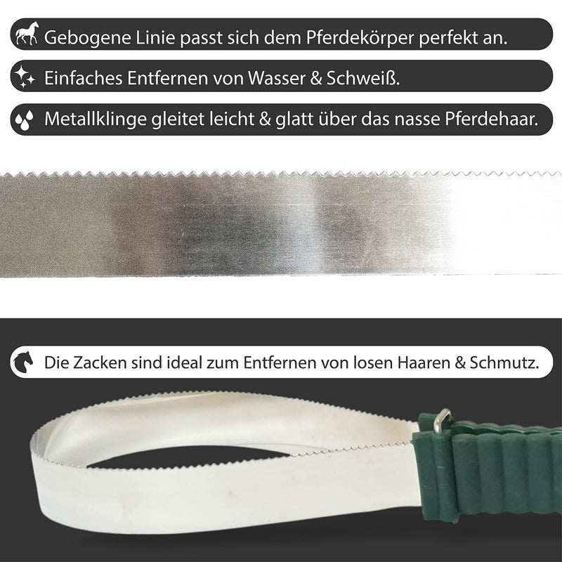 Welding knife for horses - 2-fold function, ideal metal curry comb for removing sweat, water & spikes for cleaning dirt and loose hair for grooming (sweating knife, dark green handle) Welding knife, dark green handle - BeesActive Australia