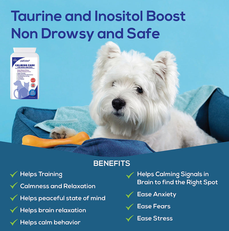 Dog Calming Care Supplement for Dogs and Cats - 120 Tablets for Stressed Nervous Pets. Anxiety Relief from Stress, Barking, Anxious, Fireworks and Loud Noises. Dog Calmer and Calm Aid Product Calming Aid for Dogs & Cats 120 Tablets