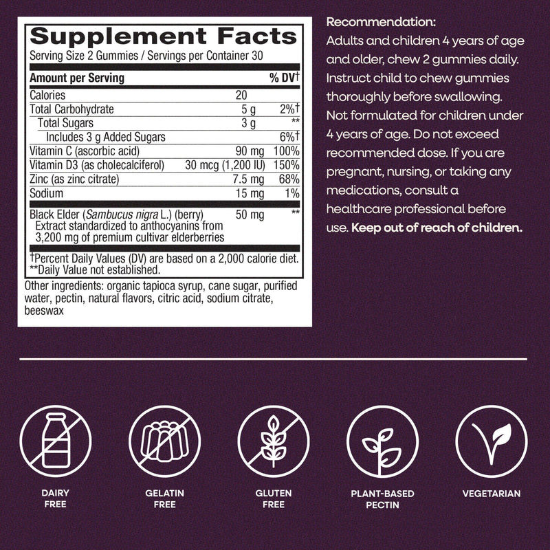 Nature's Way Sambucus Elderberry Gummies, Immune Support Ages 4+, 60 ct x3 | Immune Gummy with Black Elderberry Extract, Vitamin C, D3, Zinc, and Superfood Antioxidants*, Adults & Kids Ages 4+ 60 Count (Pack of 3)