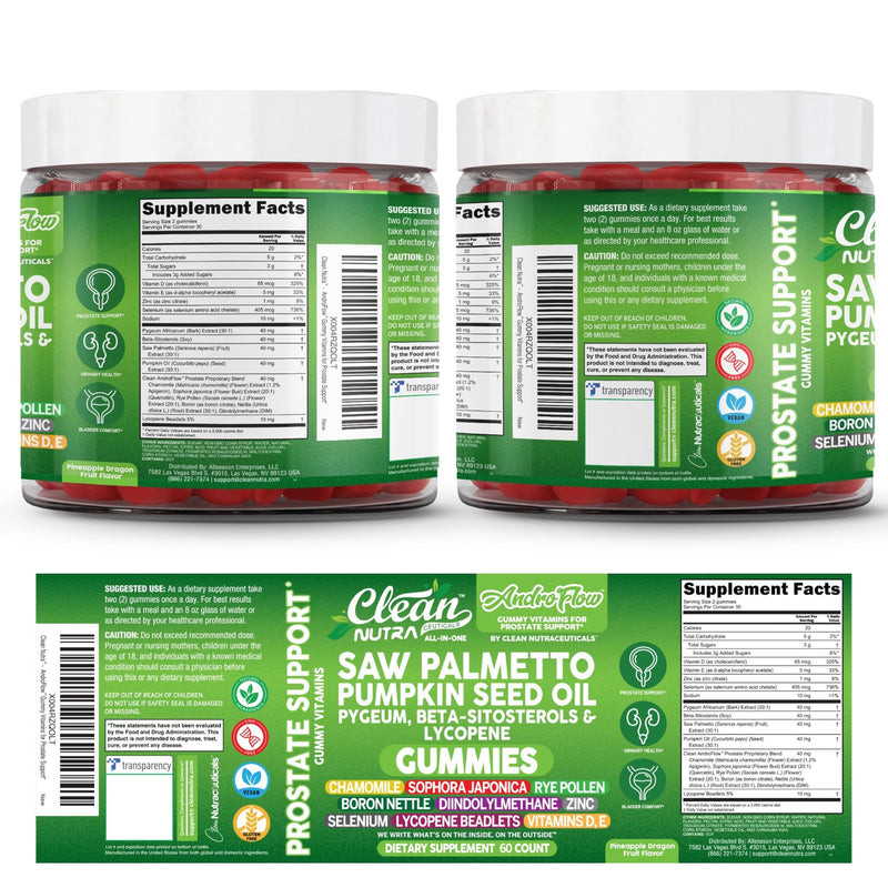 AndroFlow Saw Palmetto and Pumpkin Seed Oil Prostate Health Supplements for Men Pygeum Beta Sitosterol Lycopene Boron Zinc Selenium DIM Stinging Nettle Vitamin D, 60 Gummy Supplements By Clean Nutra