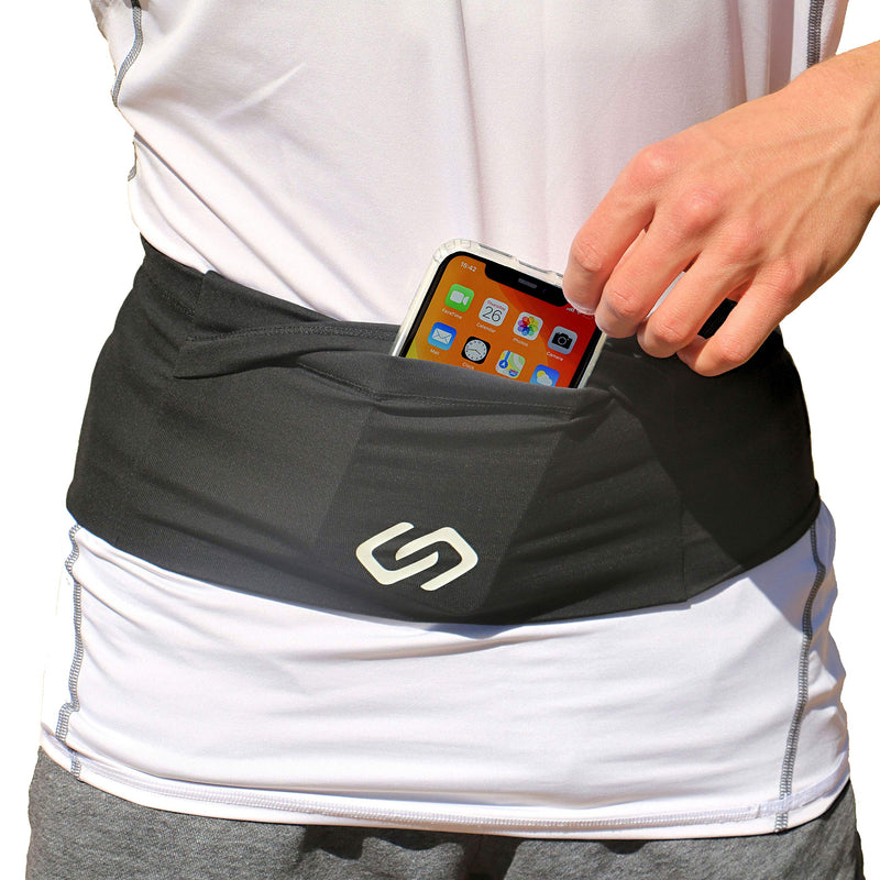 Sporteer VersaMod Running Belt, Workout Waist Pack, Travel Money and Passport Belt for Smartphones and Personal Items (Small, Black) Small