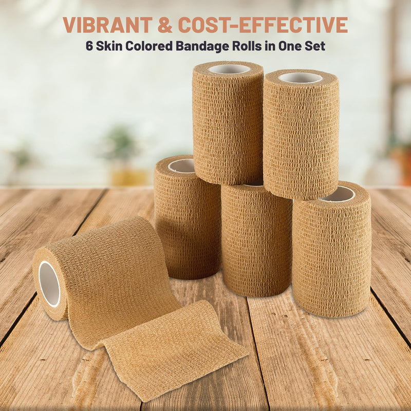 Self Adherent Wrap - Bulk Pack of 6, Athletic Tape Rolls and Sports Wraps, Self Cohesive Non-Woven Adhesive Bandage (3 in x 5 Yards) for Ankle Sprains & Swelling 6 Count (Pack of 1) Beige - BeesActive Australia