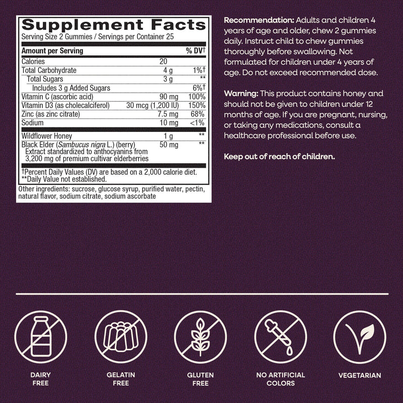 Nature's Way Sambucus Elderberry + Wildflower Honey Immune Gummy, 50 ct | Daily Immune Support Gummies with Vitamins C & D3, Zinc for Adults and Kids Ages 4+*, 50 Vegetarian Gummies