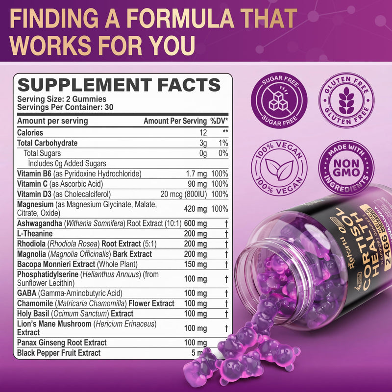 Cortisol Supplements for Women & Men, 16 in 1 High Cortisol Reducer Gummies | Cortisol Detox Manager Gummy with Ashwagandha, L-Theanine, Rhodiola, Magnesium for Relaxation, Sleep, Focus, Vegan, 60 Count