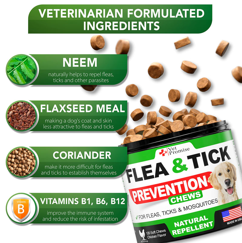 Flea and Tick Prevention for Dogs Chewables - All Natural Flea & Tick Control Chews - Oral Pills for Dogs Supplement - All Breeds and Ages - Made in USA - 120 Tablets Chicken 120 Chews - BeesActive Australia