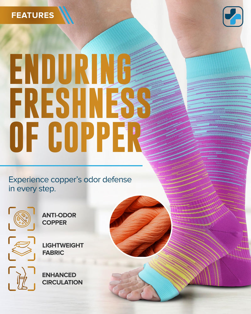 Doctor's Select 3 Pairs Copper Toeless Compression Socks Women & Men - 20-30 mmHg Open Toe Compression Socks Knee High Women Large Line Patterns 1 - 3 Pairs