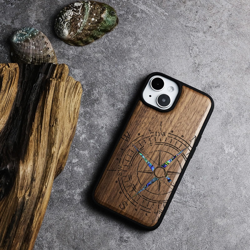 Carveit Wooden Case for iPhone 15 Magnetic Case, Compatible with MagSafe Wireless Chargers, Shockproof Cover, Handmade Shell Inlaid & Wood Artisan Engraved (Incomplete Compass) Walnut iPhone 15 (6.1 inch) Compass-Walnut