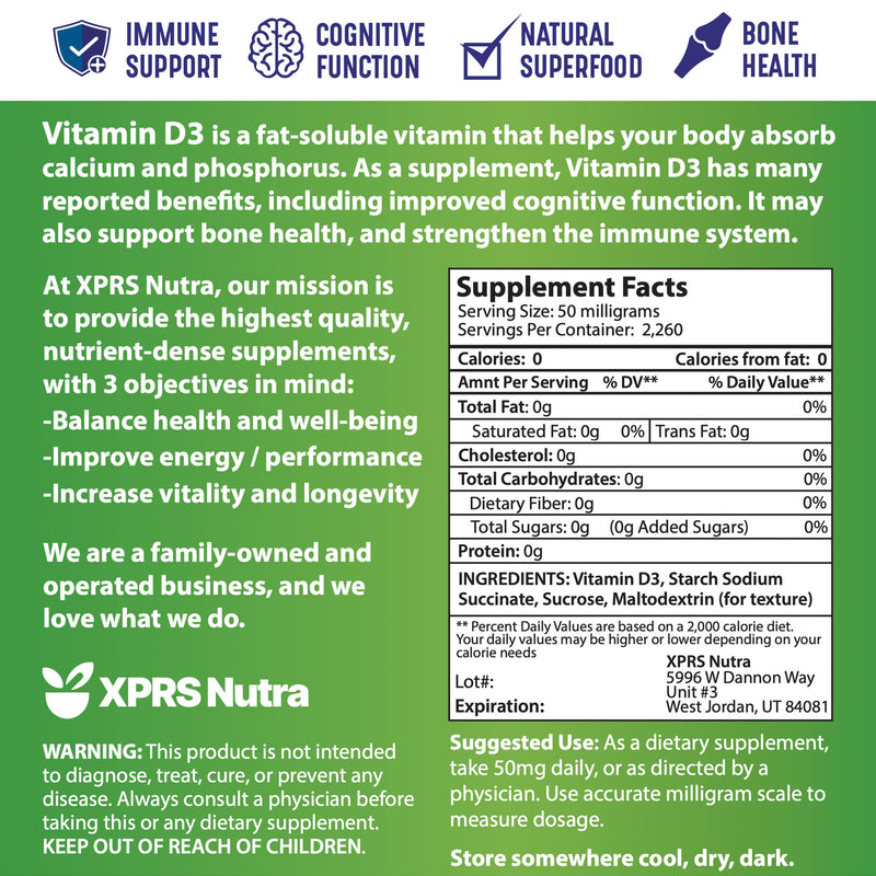 XPRS Nutra Vitamin D3 Powder (Cholecalciferol) - Unflavored VIT D for Bones and Immunity - Vitamin for Muscle Function - Vitamin D Powder Supplements (4 Ounce) 4 Ounce (Pack of 1)