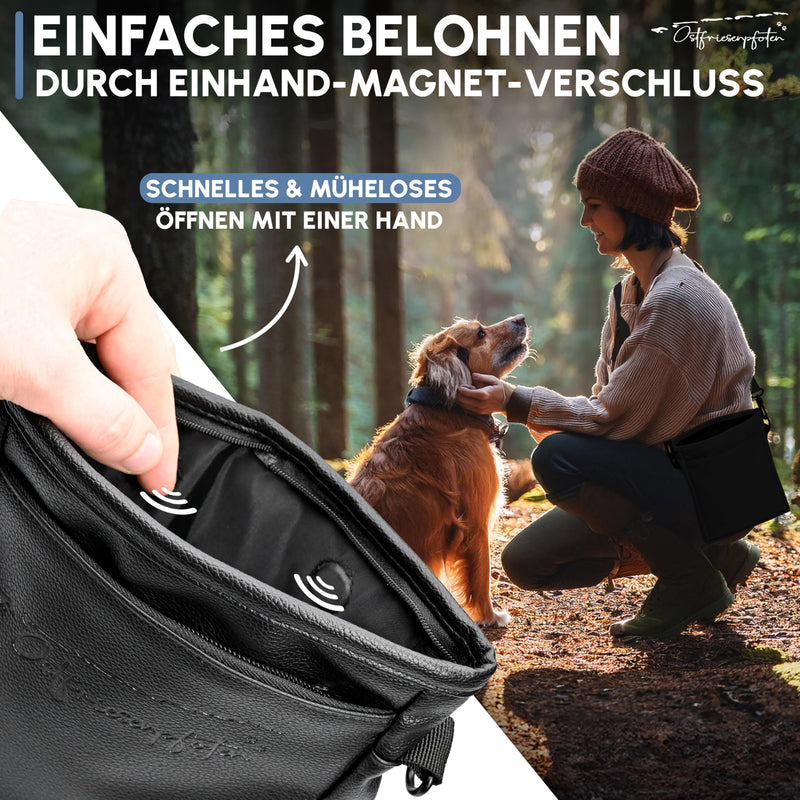 Ostfriesenpfoten® treat bag 'Frieda' for dogs made of high-quality faux leather - black size L - food bag with EasyOpen one-hand magnetic closure - dog treat bag - BeesActive Australia