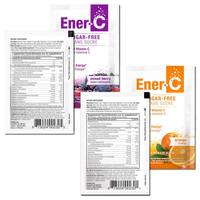 Ener-C Sugar Free Multivitamin Drink Mix - Orange & Berry, 60 Count | Vitamin Powder for Water, Electrolytes Powder No Sugar, Hydration Boost Packets, Zero Sugar, Vitamin C & B12 Orange & Mixed Berry
