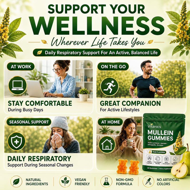 Vitanics Mullein Gummies, Mullein Leaf Extract for Lungs, Daily Respiratory Health Gummies with Quercetin, Ashwagandha, Bromelain & Vitamin D3, Lung Health & Sinus Relief, Pear Flavor, 30 Day Supply