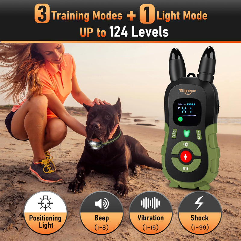 Dog Shock Collar with Remote Control for Large Medium Small Dogs, Dog Training Collar with Light, E-Collar Rechargeable, 3300FT, 124 Levels, IP67 Waterproof, Safety Lock Green - BeesActive Australia