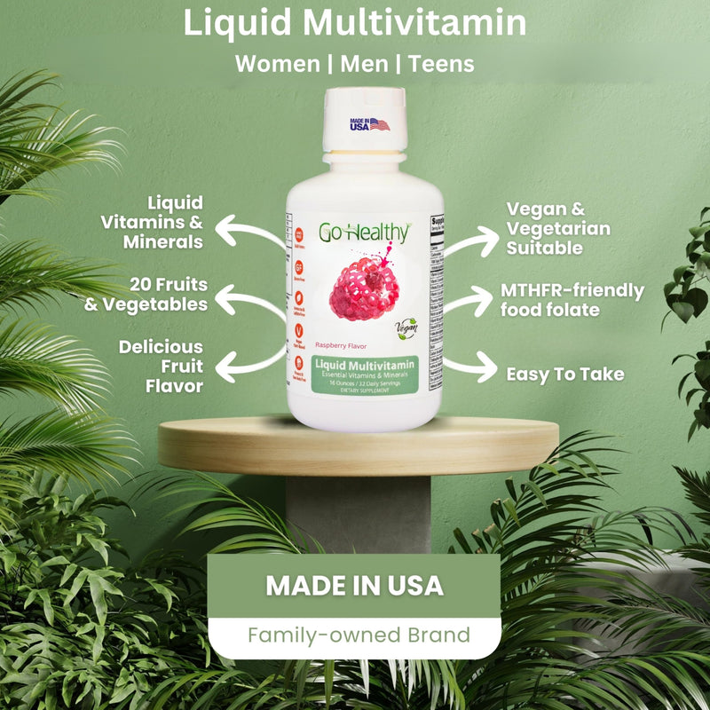 Go Healthy Liquid Vitamins for Women, Men, Teens | Vegan Vitamin & Mineral | High Absorption | Premium Liquid Multivitamin | Immune Support | Raspberry - 32 Servings 16 Fl Oz (Pack of 1)