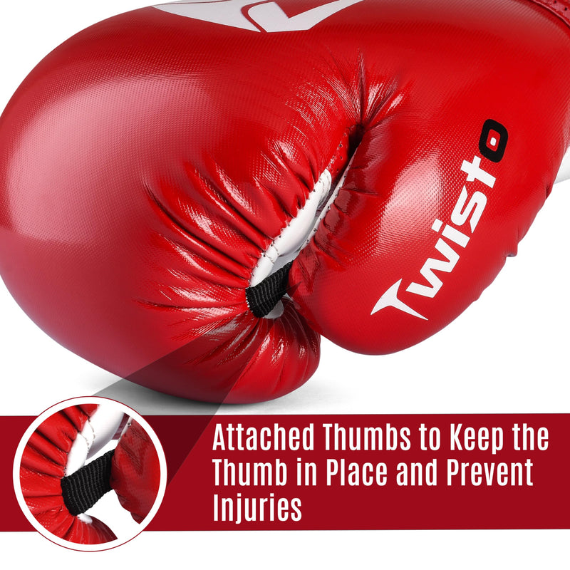 Twisto Boxing Gloves – Professional Training & Sparring Gloves for Men & Women – Muay Thai, MMA, Kickboxing, Heavy Bag, Gym Workout – Premium PU Leather with Wrist Support – 10oz 12oz 14oz 16oz 10 oz Red / White