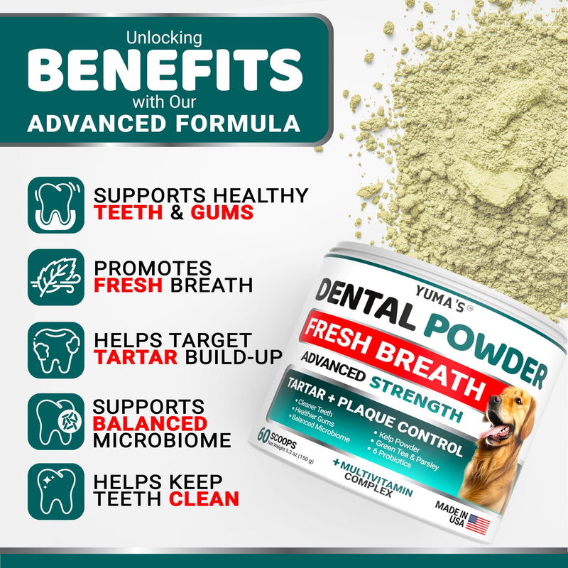 Advanced Dog Dental Powder, Breath Freshener, Dog Teeth Cleaning Powder, Bad Breath & Tartar and Plaque Off Remover for Dogs with Probiotics lab co, Pet Oral Care - 60 Scoops - Made in USA Apple 5.3 OZ