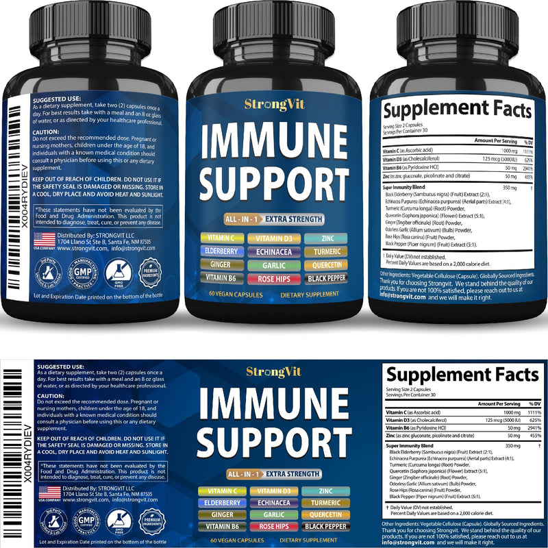 StrongVit Immune Support Supplement 12 in 1 Complex with Vitamin C, D3, Zinc, Echinacea, Elderberry, Ginger, Turmeric. Immune Defend for Men & Women, Non-GMO, Gluten-Free, Vegan, USA 60 Count (Pack of 1)