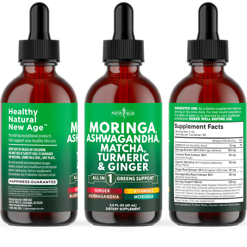 Moringa Supplement Drops - Ashwagandha, Spirulina, Chlorella, Turmeric & Ginger Liquid Barley Grass with Chlorophyll, Matcha, Algae, Vitamin C Antioxidant, Holy Basil, Ceylon Cinnamon - 2fl Oz 2 Fl Oz (Pack of 1)