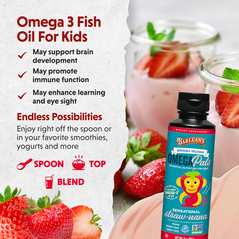 Barlean's Straw-Nana Omega Pals Kids Omega-3, 1483mg ALA, 8oz, 2-Pack | Plant-based kids omega-3, 1,483mg ALA, Fish-free, Non-GMO, Gluten-free, Vegan, Kid-friendly liquid, Brain & eye Sensational Straw-Nana 8 Fl Oz (Pack of 2)