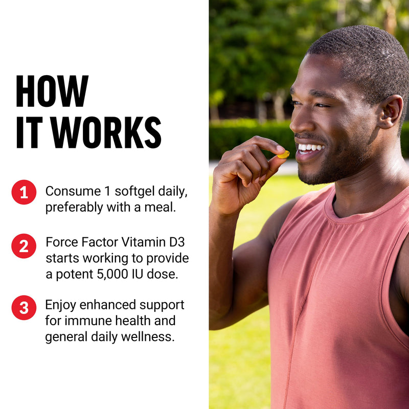 Force Factor Vitamin D3 5000 IU Softgels, High-Potency Vitamin D Supplement | Support Immune & Bone Health, Premium Quality, No Preservatives, 120 Softgels