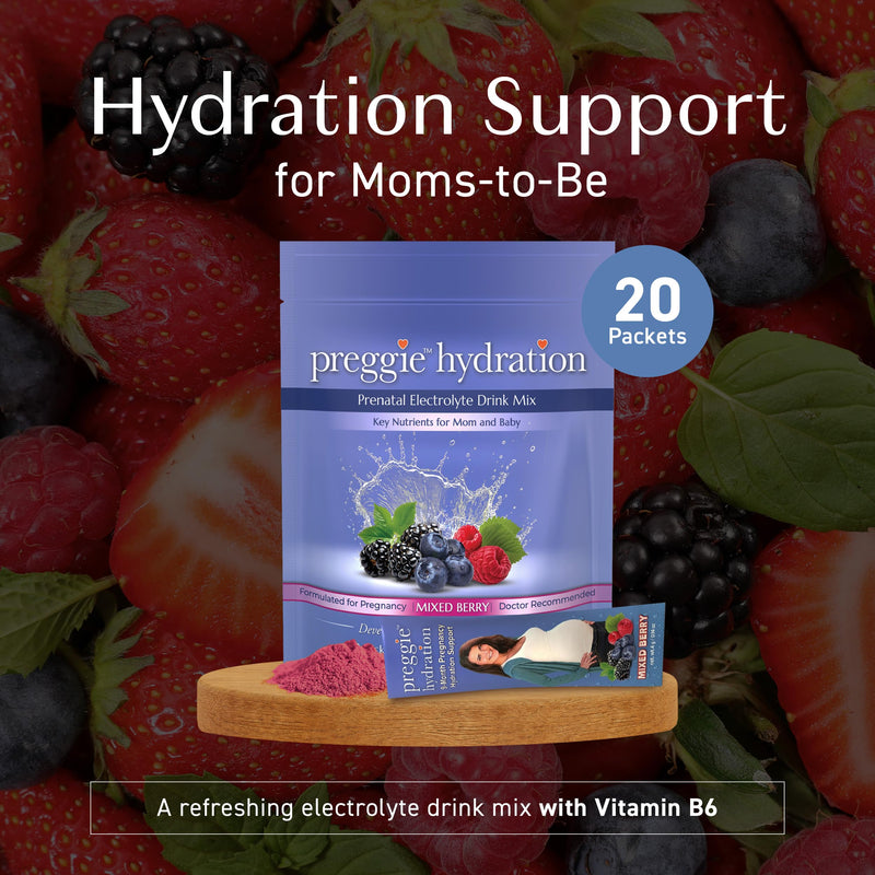 Three Lollies Preggie Hydration with Vitamin B6, Mixed Berry, 20 Packets | Electrolyte drink mix and pregnancy hydration powder for pregnant women and moms-to-be.