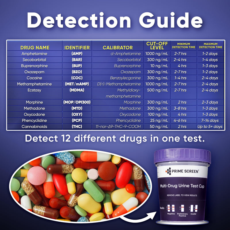 Prime Screen® Multi-Drug Urine Test Cup - 12 Panel Drug Test - Instant Testing Marijuana (THC),OPI,AMP, BAR, BUP, BZO,COC, mAMP, MDMA, MTD, OXY, PCP - [5 Pack] 5