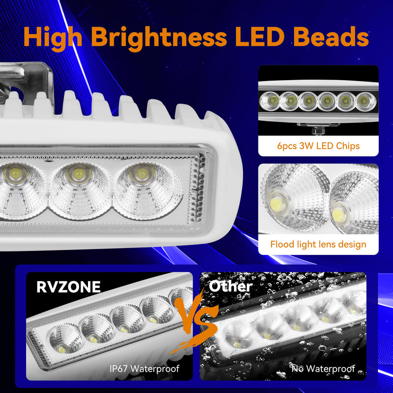 RVZONE Waterproof Led Boat Lights, 18W LED Spreader Lights 1200LM 120°Flood Light, 6.3in Deck Dock Marine Led Lights Bar, Pack of 2, White Housing (Flood Light/White Housing) Flood Light/White Housing