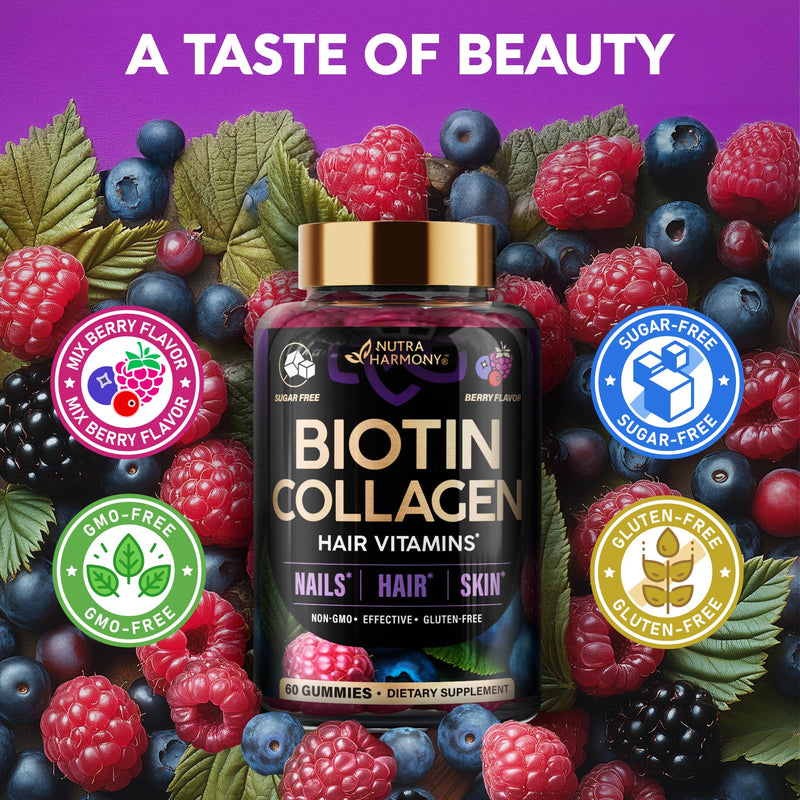 Biotin Gummies for Hair Growth Support - for Women & Men - Berry, Pack of 2 | Biotin 10000mcg, Collagen, Keratin, Hyaluronic Acid, B-Complex, Saw Palmetto - Hair, Skin & Nail Strengt Support - Sugar-Free Mixed berry 60 Count (Pack of 2)
