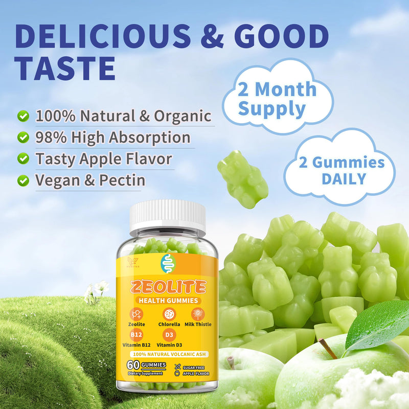 （2 Packs Zeolite Gummies for Adults, Pure Zeolite Clinoptilolite, Chlorella, Milk Thistle & Vitamins-Heavy Metal, Focus, Gut & Immune Support, Vegan, Sugar Free, Apple Flavor, 120 Count 30 Count (Pack of 2)