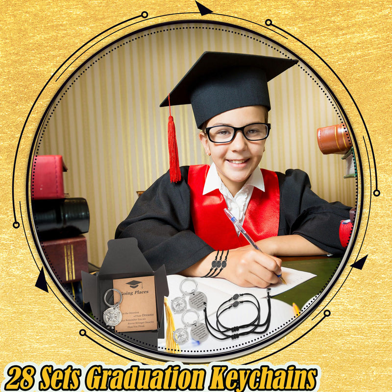 28 Sets Graduation Gifts Bulk Class of 2026 Including Graduation Keychains With Grad Compass Bracelets Bulk Set In Cap Gift Boxes Party Favors for Students, Guests, Graduates