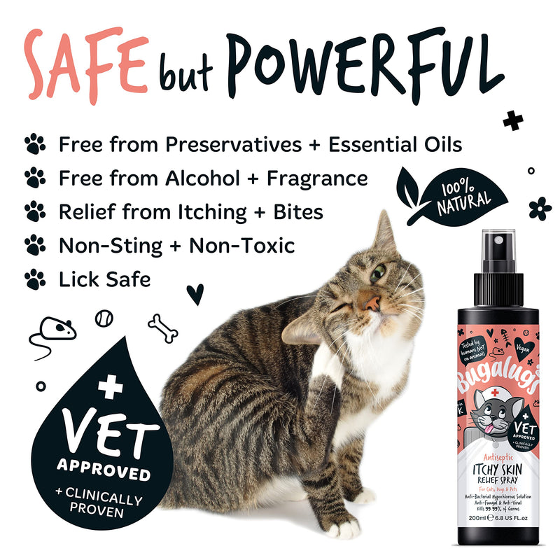 BUGALUGS Cat itchy skin relief Antiseptic spray 200ml, for kitten, cats & small animals - cat anti scratch cat spray is Antibacterial, Antifungal & Antiviral use for cat acne