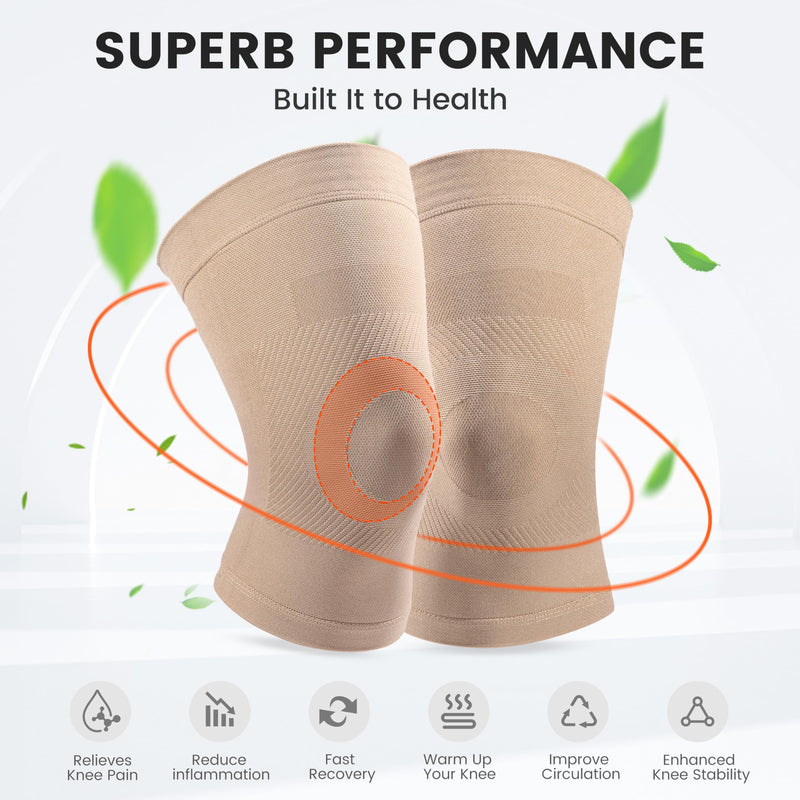 Knee Compression Sleeves, 1 Pair, Can Be Worn Under Pants, 20-30mmHg Strong Support Knee Brace for Unisex, Knee Support for Meniscus Tear, Arthritis, Pain Relief, Injury Recovery, Daily Wear, Beige M Medium (1 Pair) - BeesActive Australia