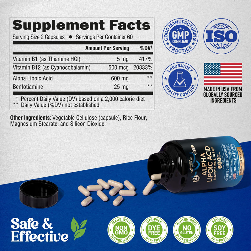 Alpha Lipoic Acid 600mg - ALA Supplement Antioxidant for Nerve, Energy & Metabolism Support - Extra Strength with Benfotiamine, B1 & B12 - Lab Tested, Non-GMO & Vegan - 120 Capsules, 2 Month Supply 120 Count (Pack of 1)