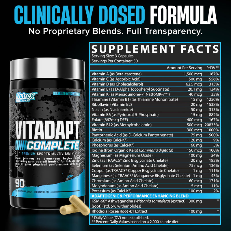 Nutrex Research Vitadapt Complete Sports Multivitamin for Men - 24 Vitamins, KSM-66 Ashwagandha and Minerals for Athletes - Mens Multivitamin (90 Capsules) 1