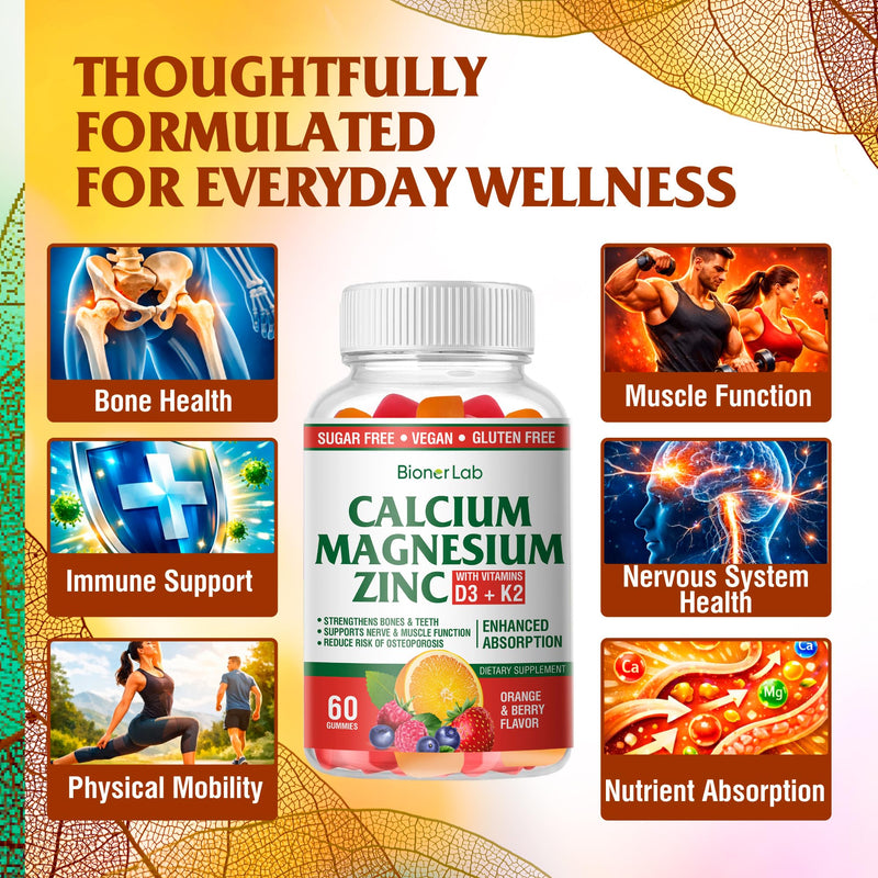 BionerLab Calcium Magnesium Zinc Gummies with Vitamin D3 & K2 - High Absorption Complex with Magnesium Glycinate Calcium Zinc Citrate for Bone Muscle & Immune Health - Sugar-Free Orange Berry Flavored 60 Count (Pack of 2)