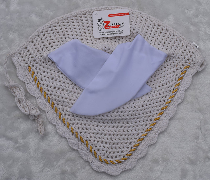 Horse Ear Bonnet Ear Net Hat Fly Bonnet Hood Mask Fly Veil Full Hand Made Cotton (Pony, White) Pony - BeesActive Australia