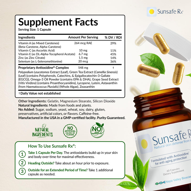 Sunsafe Rx Anti Aging Supplement: Natural Skin Protection Pills 60 Capsules | Antioxidants, Skincare, Radiant Skin, Youthful Appearance, Eye Health, Vitamins, Minerals, 250mg Polypodium Leucotomos 60 Count (Pack of 1)