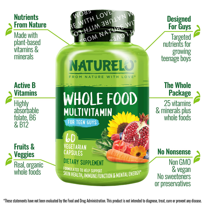 NATURELO Teen Multivitamin - Whole Food Multivitamin for Teenage Boys - Minerals Supplement for Active Kids - with Plant Extracts - Non-GMO - Vegan & Vegetarian - 60 Capsules Unflavored 60 Count (Pack of 1)