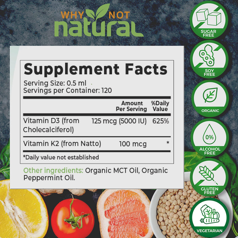 Why Not Natural Organic Vitamin D3 K2 (MK-7) Liquid Drops, 5000 IU of sublingual D3 with Coconut MCT Oil, for Strong Bones and Teeth, Heart and Immune Support - BeesActive Australia