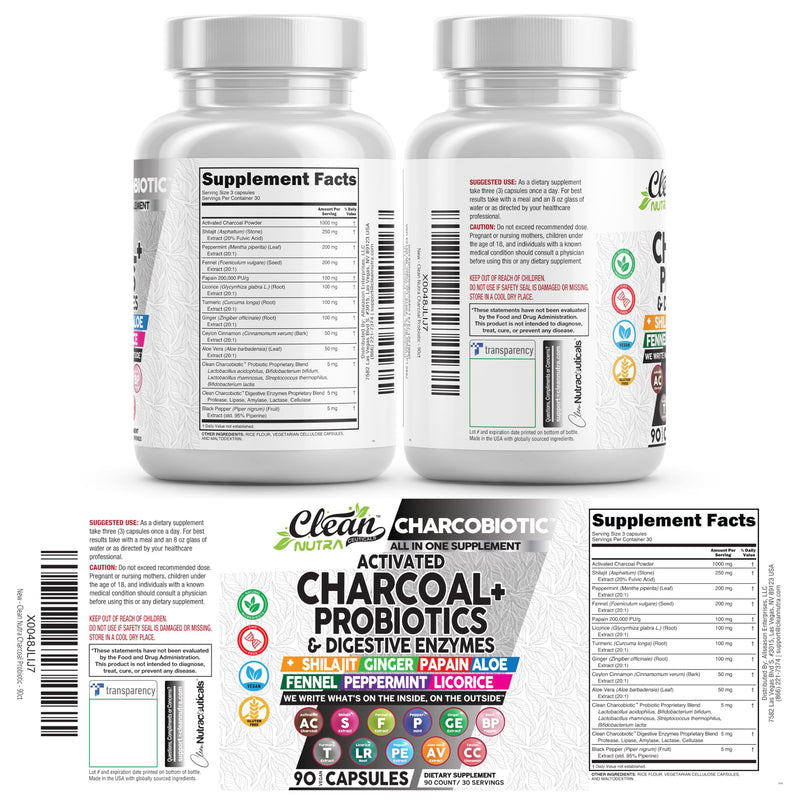 Clean Nutra Activated Charcoal Pills + Shilajit Probiotic Digestive Enzymes for Digestive Health Capsules with Peppermint Fennel Licorice Papain Ginger Turmeric Powder | Gut Health (Pack of 2) 60 Count (Pack of 2)