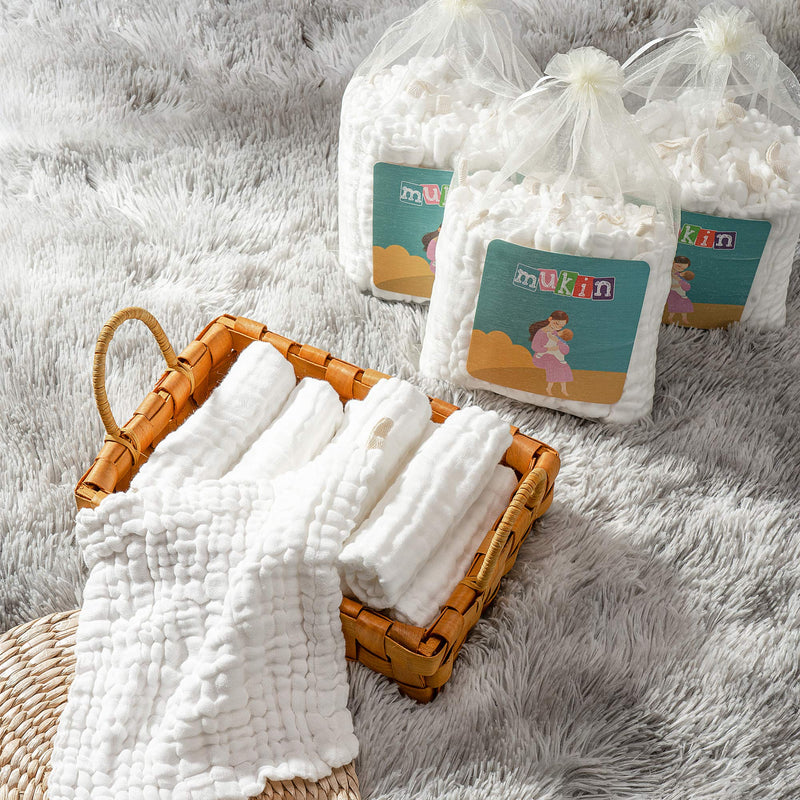 MUKIN Baby Washcloths - Natural Cotton Baby Wipes - Soft Newborn Baby Face Towel for Sensitive Skin- Baby Registry as Shower, 10 Pack 12x12 inches (White) White - BeesActive Australia