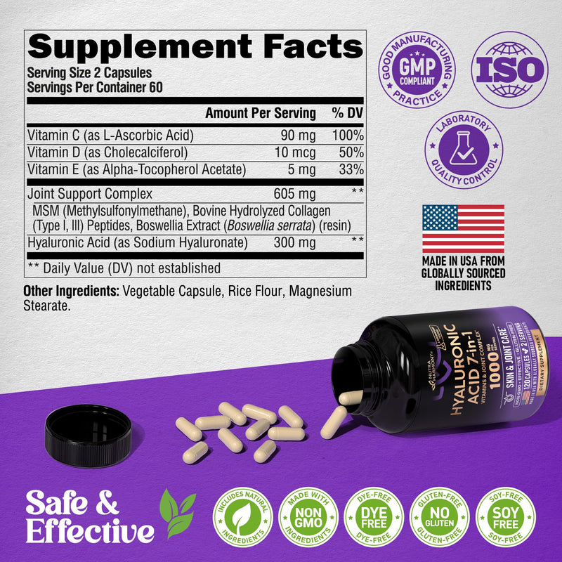 Hyaluronic Acid Supplements 1000 mg - Collagen | MSM | Boswellia | Vitamin D3, C & E - Hyaluronic Acid Capsules - Skin Hydratation & Joint Comfort Support - 7-in-1 Complex - Made in USA - 120 Capsules 120 Count (Pack of 1) - BeesActive Australia