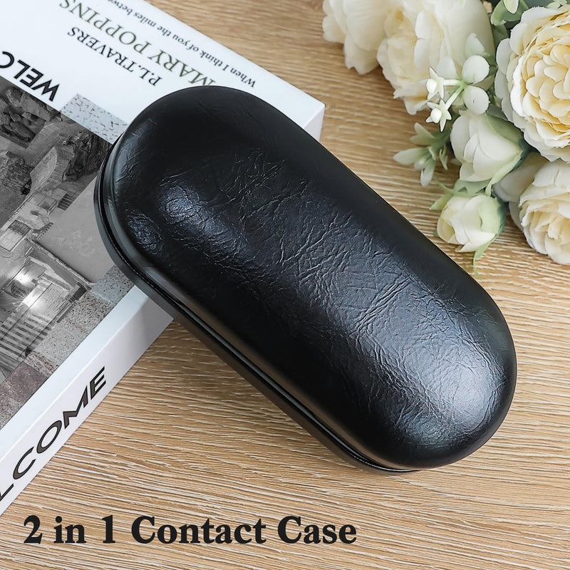 2 in 1 Contact Lens Case and Glasses Case,Double Sided Dual Use Design with Mirror, Tweezer and Contact Lens Solution Bottle,Portable Soak Storage Kit for Travel,Office(Black) Black