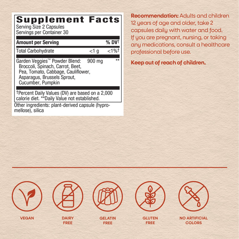 Nature's Way Garden Veggies, Vegetable Supplement, Superfood Blend, 60 ct | Plant-Powered Powder Blend Made with 12 Different Vegetables, Capsules with Green Superfood Veggie Blend for Daily Wellness 60 Count (Pack of 1)